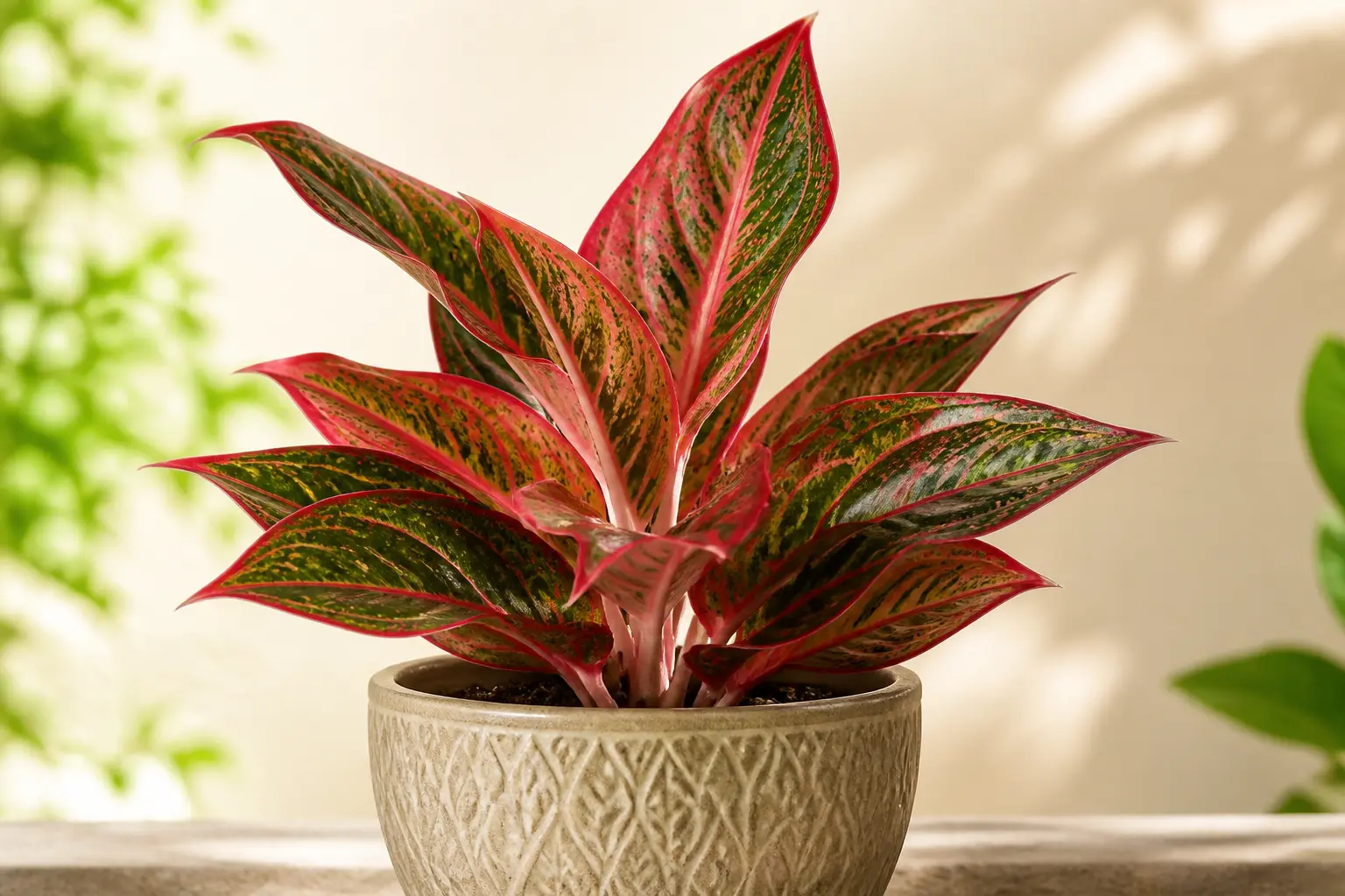 Aglaonema Aglaonema Red Valentine variety — Bold red to pink leaf margins and midribs creating a romantic, layered color effect