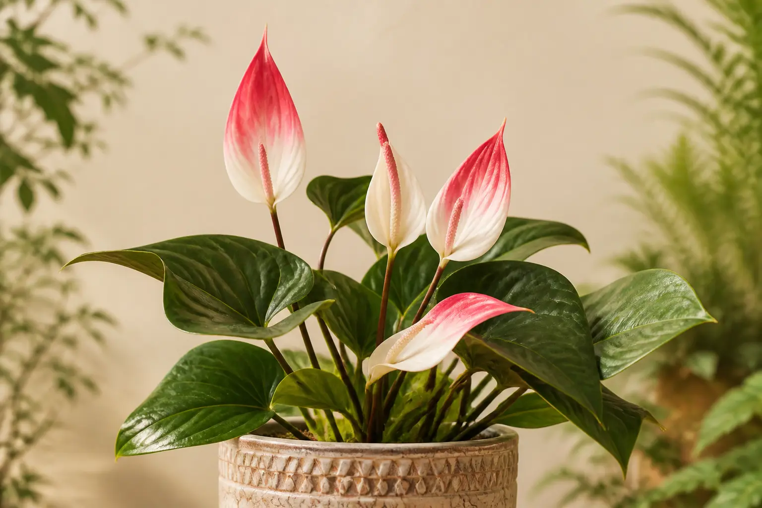 Anthurium Anthurium Obake variety — Bi-color spathes with gradient blending from white base to pink/red tips