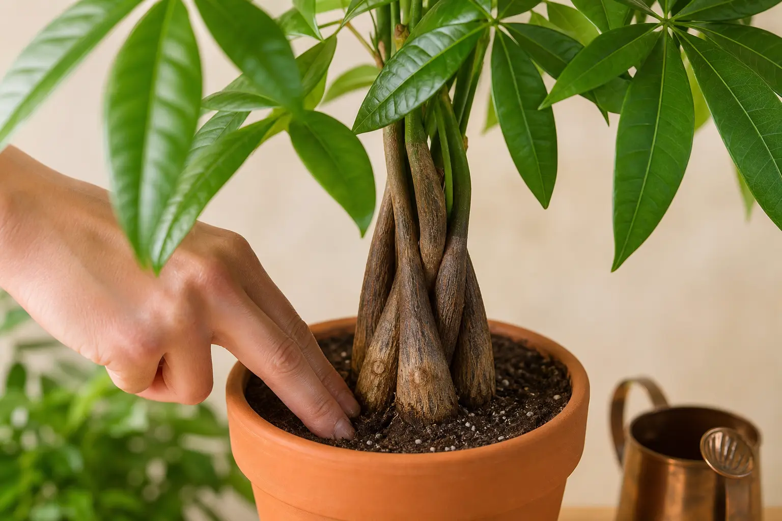 Money Tree water care — checking soil moisture before watering