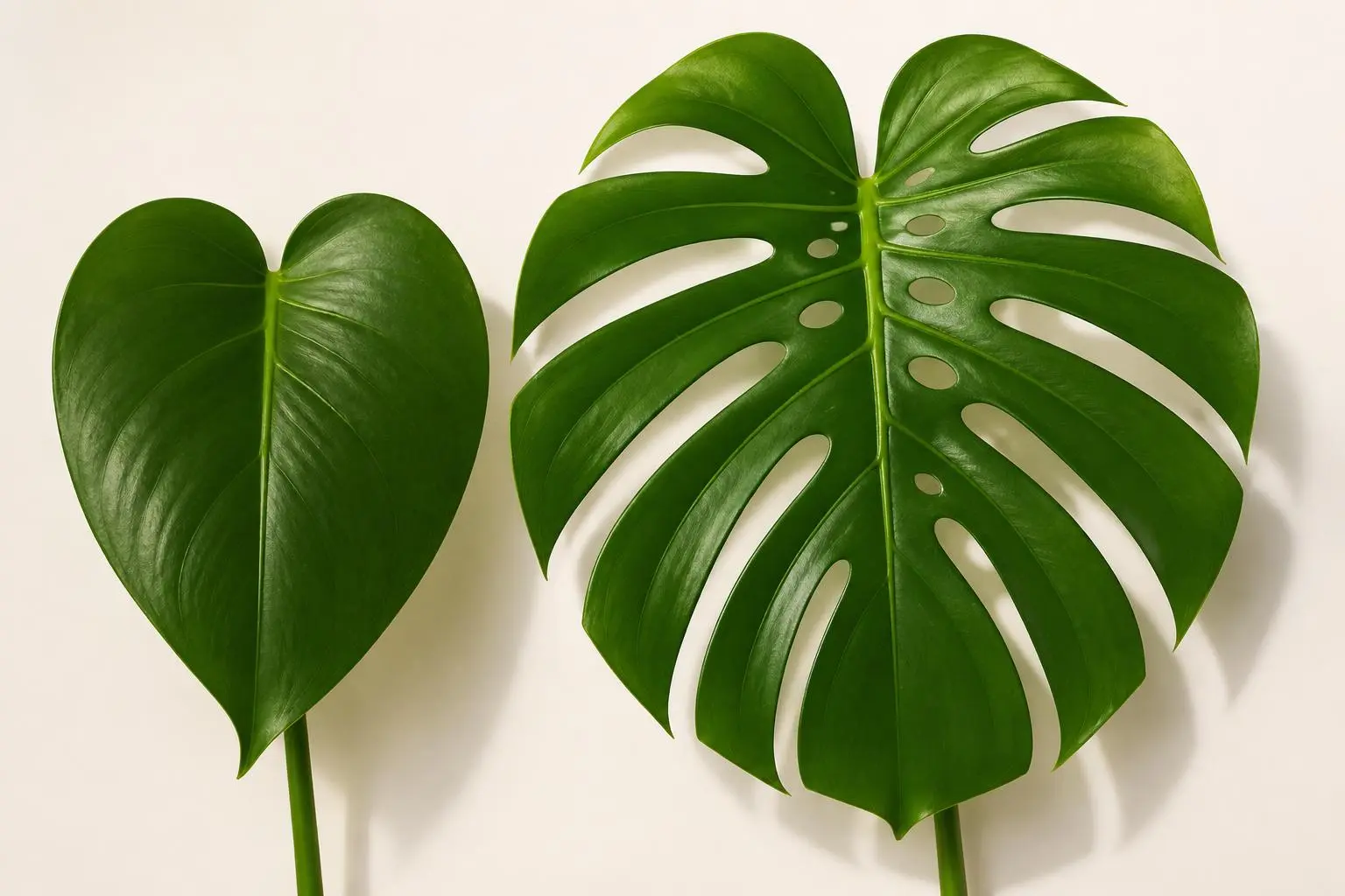 Monstera Deliciosa fenestration — juvenile vs mature leaf comparison