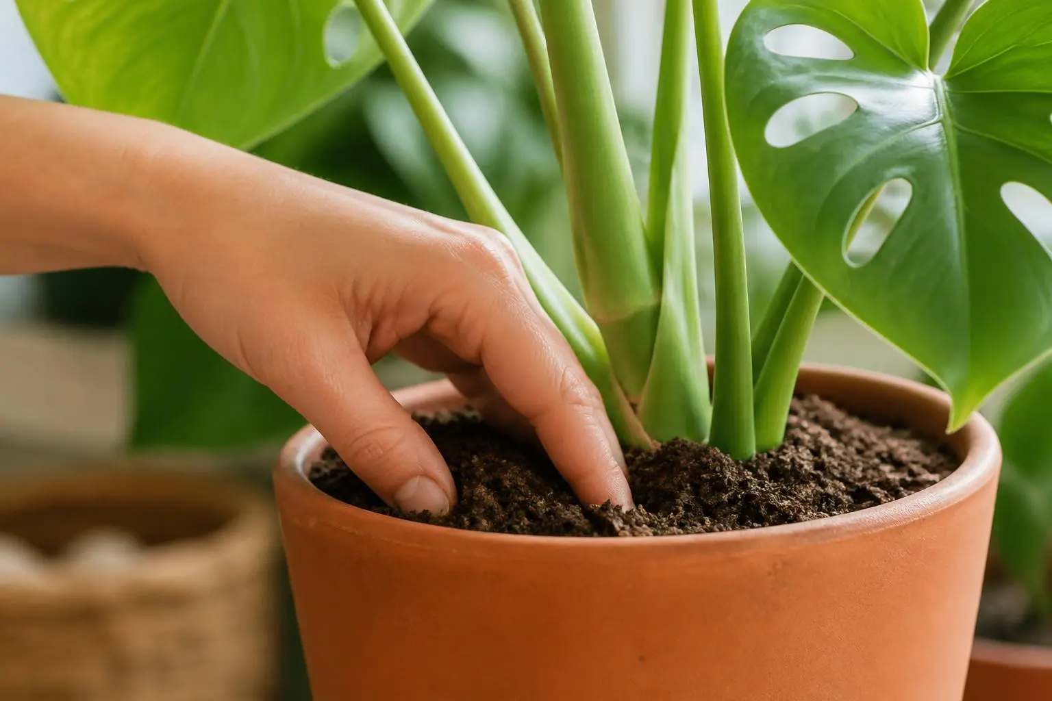 Monstera Deliciosa water care — checking soil moisture before watering
