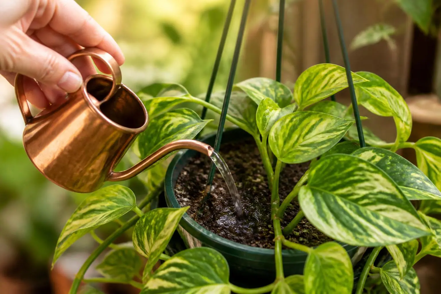 Pothos water care — checking soil moisture before watering