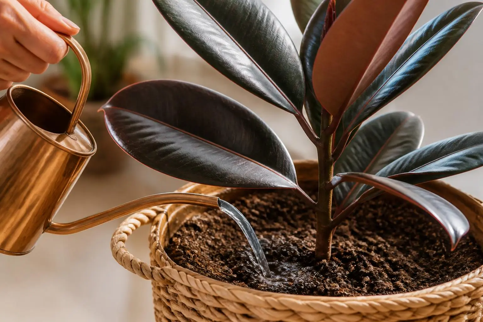 Rubber Plant water care — checking soil moisture before watering
