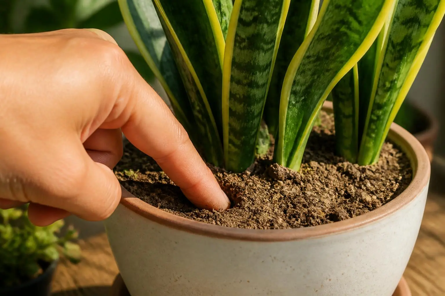 Snake Plant water care — checking soil moisture before watering