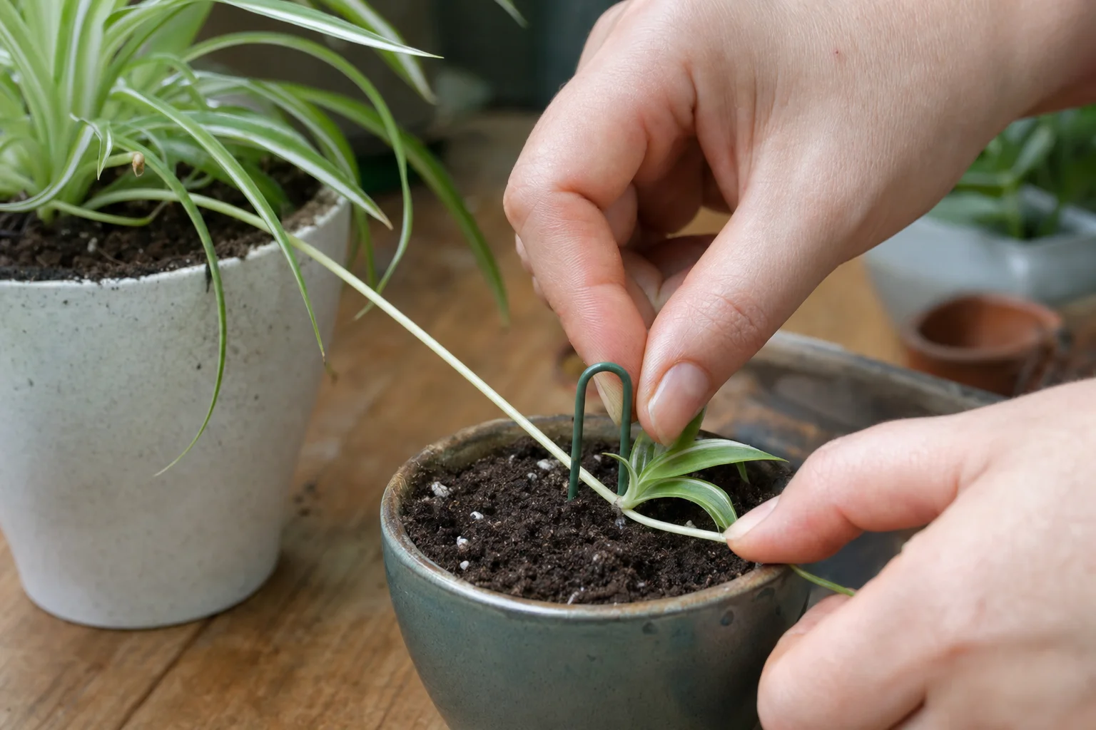 Spider Plant propagation — stolon pinning method (easiest and highest success rate)