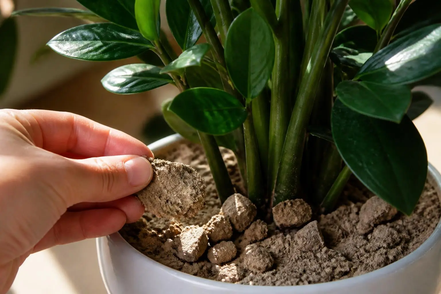ZZ Plant water care — checking soil moisture before watering